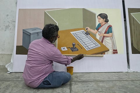 Preparations are underway at a polling station set up at VOC Higher Secondary School on Mission Street ahead of the Puducherry Legislative Assembly elections. Officials were seen installing signage, decorating the premises, and completing voter awareness displays as part of the arrangements on Thursday.