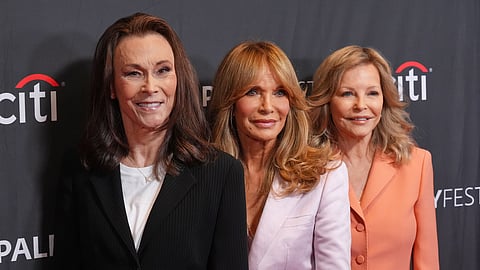 From left, Kate Jackson, Jaclyn Smith and Cheryl Ladd, cast members in the classic television series "Charlie's Angels," pose together at the PaleyFest LA 50th anniversary celebration
