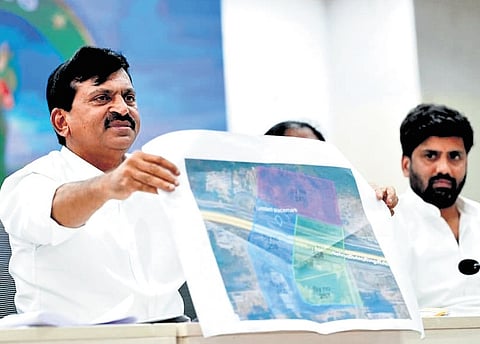 Revenue Minister Ponguleti Srinivasa Reddy during a press conference at the Secretariat in Hyderabad on Wednesday