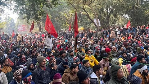 Around 7,000 contract workers gathered outside factory gates, raising slogans for better wages and improved workplace conditions.