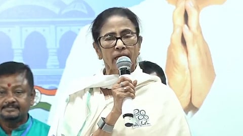 West Bengal Chief Minister Mamata Banerjee addresses an election rally in North 24 Parganas on Thursday.