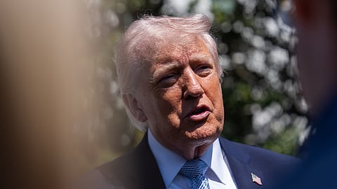 US President Donald Trump speaks with reporters on the South Lawn of the White House, Monday, April 6, 2026, in Washington.