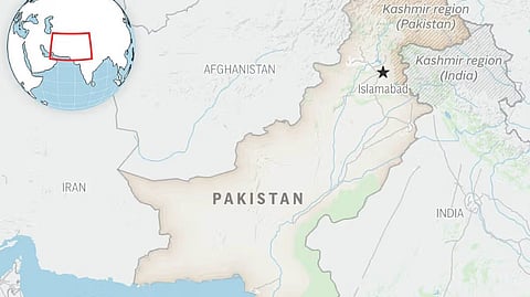 This is a locator map for Pakistan with its capital, Islamabad, and the Kashmir region.