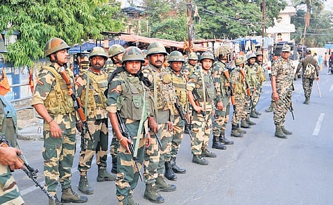 Central forces taking part in the flag march at Sambalpur