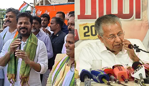 Chief Minister A Revanth Reddy campaigns for Congress in Mavelikara; (right) Kerala Chief Minister Pinarayi Vijayan speaks at a press conference on Tuesday