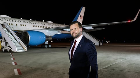US Vice President JD Vance pauses after speaking to reporters before boarding Air Force Two to return to Washington at Budapest Ferenc Liszt International Airport in Budapest, Hungary, Wednesday, April 8, 2026.