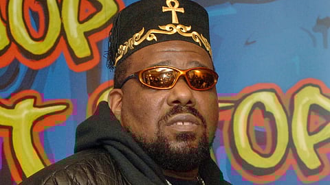 Hip hop DJ pioneer Afrika Bambaataa speaks at a news conference in New York on Feb. 28, 2006.