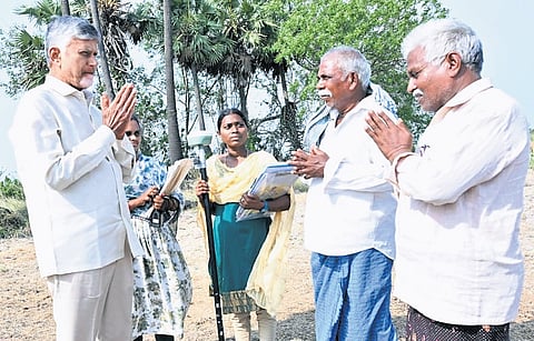 CM Nara Chandrababu Naidu interacts with farmers during the ‘Mee Bhoomi - Mee Hakku’ programme at Surepalli village in Bapatla district on Thursday.