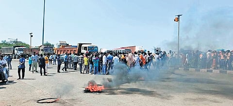 Agitators blocking the national highway at Ruptola chowk on Friday
