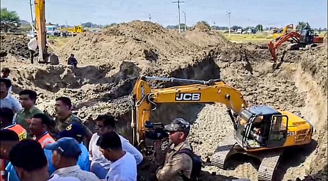 Rescue operation underway after a two-and-a-half-year-old Bhagirath fell into a borewell at Jhalariya village, in Ujjain district, Madhya Pradesh, Friday, April 10, 2026.
