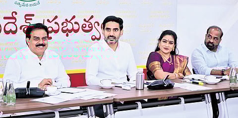 HRD and IT Minister Nara Lokesh chairs the Group of Ministers meeting on social media ban for children at his Undavalli residence on Thursday.