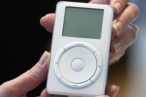 An iPod is displayed after its introduction by Apple CEO Steve Jobs during a news conference, Oct. 23, 2001, in Cupertino, Calif.