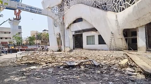 The Rs 114-crore Vadodara Central Bus Station turned into a disaster zone when the upper decorative structure at the main entrance suddenly collapsed.