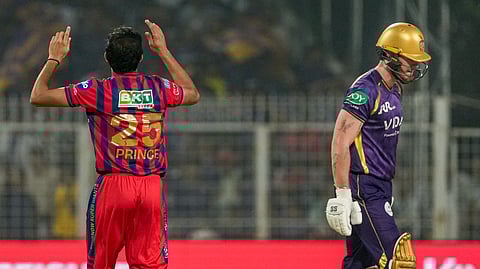 Lucknow Super Giants' Prince Yadav, left, celebrates after dismissing KKRs' Finn Allen during an IPL 2026 T20 cricket match between Lucknow Super Giants and Kolkata Knight Riders, at Eden Gardens, in Kolkata, Thursday, April 9, 2026.