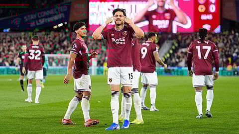 West Ham United's Konstantinos Mavropanos celebrates scoring their side's fourth goal of the game during their English Premier League soccer match against Wolverhampton Wanderers in London, Friday, April 10, 2026.
