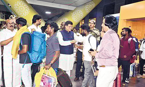 Union Minister Piyush Goyal and AIADMK leader D Jayakumar receiving Indian fishermen, who returned from Iran, at the Chennai airport on Saturday.