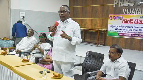 BC associations convener K Sivaji addressing the roundtable conference on allotment of sub quota to BC woman in 33% reservation to women in legislature at Press Club in Vijayawada on Friday.