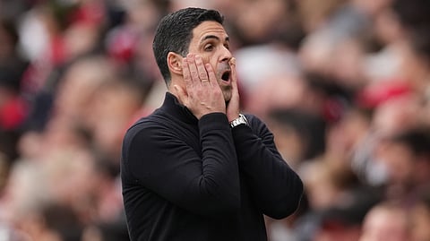 Arsenal's manager Mikel Arteta reacts during the Premier League soccer match between Arsenal and Bournemouth in London, England Saturday, April 11, 2026.