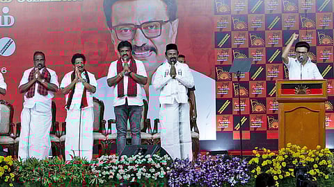 Chief Minister M K Stalin addressing the audience in Thanjavur, during an event for introducing eight candidates of the DMK-led Secular Progressive Alliance (SPA) on Friday.