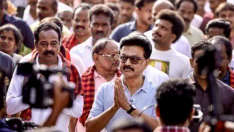 Tamil Nadu Chief Minister and DMK candidate from the Kolathur constituency, MK Stalin, during a voter outreach ahead of the state Assembly elections in Pudukkottai, Saturday, April 11, 2026.