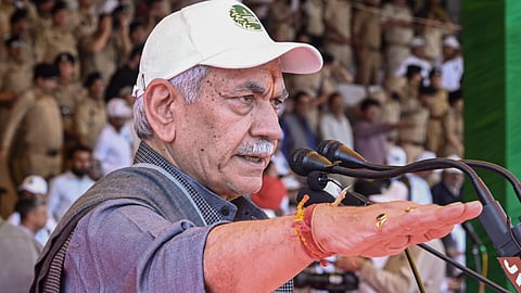 Jammu and Kashmir Lieutenant Governor Manoj Sinha addresses the gathering during the flagging-off ceremony of the Drug-Free J&K padyatra, in Jammu, Saturday, April 11, 2026.