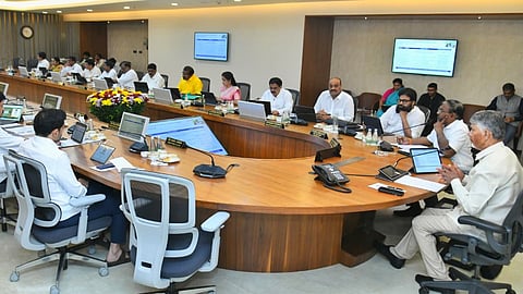 Chief Minister Nara Chandrababu Naidu presiding over a Cabinet meeting at the Secretariat in Velagapudi on Friday.