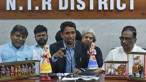 NTR District Collector G Lakshmisha addressing the media in Vijayawada
on Friday.