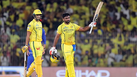 Chennai Super Kings' Sanju Samson celebrates his century during the IPL 2026 match against Delhi Capitals at MA Chidambaram Stadium, in Chennai on Saturday.