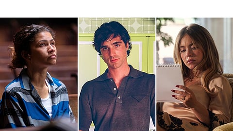 This combination of images released by HBO shows cast members, from left, Zendaya, Jacob Elordi and Sydney Sweeney from the series "Euphoria."