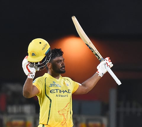 Sanju Samson celebrates his century on Saturday