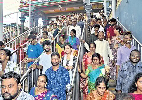 A large number of devotees thronged Durga temple atop Indrakeeladri to have a darshan of the Goddess on Sunday