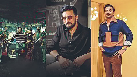 From L to R: A poster for Mango Pachcha, Kichcha Sudeepa, Dhananjaya