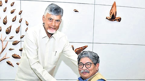 CM N Chandrababu Naidu with P. Dorje Gyamba, Chairman of the Godavari River Management Board, at his camp office in Undavalli on Sunday | Express