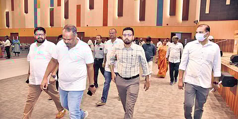 Guntur district Joint Collector Ashutosh Srivastava reviews arrangements at SRM University’s Vikram Sarabhai Block in Amaravati on Sunday | Express