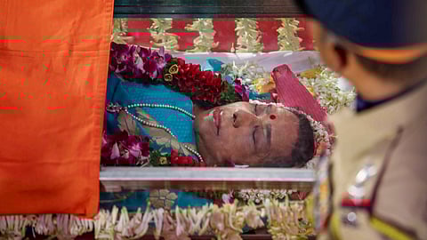 Mortal remains of singer Asha Bhosle during a public viewing, in Mumbai, Monday, April 13, 2026.