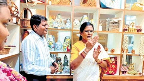 Deputy CM Pravati Parida interacts with shareholders during her visit to the Annapurna Gramina Bazar on Monday