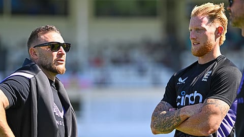 England coach Brendon McCullum, left, talks with captain Ben Stokes ahead of play on day two of the second cricket test between New Zealand and England at the Basin Reserve in Wellington, New Zealand, Dec.7, 2024.