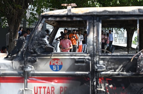 Aftermath of the violent protest by employees of Motherson company in Noida Phase 2. They were protesting over their salary increment demands. During the protest, vehicles and properties were damaged, and stone pelting took place.
