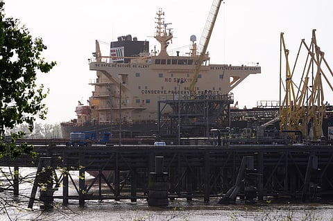 The crude oil tanker Dubai Attraction is moored in the Mississippi River at the IMTT dock in Saint Rose, La., Thursday, April 2, 2026.