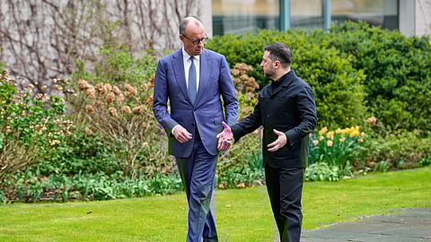 German chancellor Friedrich Merz welcomes Ukraine's President Volodymyr Zelenskyy for German-Ukrainian government consultations in Berlin, Germany, Tuesday, April 14, 2026.