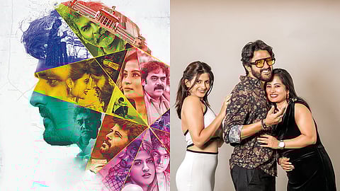 A poster for Bengaluru Inn (L), Dharma Keerthiraj with Anusha Rai and Risha Gowda (R)