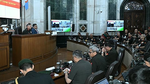 Cabinet Secretary T V Somanathan addresses Army commanders during the Army Commanders’ Conference in New Delhi on Tuesday.