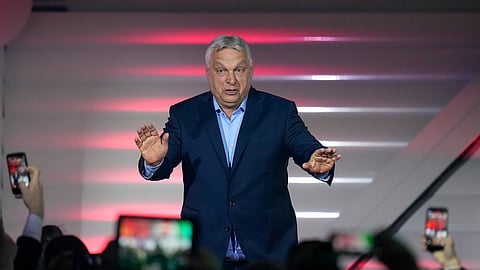Hungary's Prime Minister Viktor Orbán addresses after receiving the results of a parliamentary election in Budapest, Hungary, Sunday, April 12, 2026.