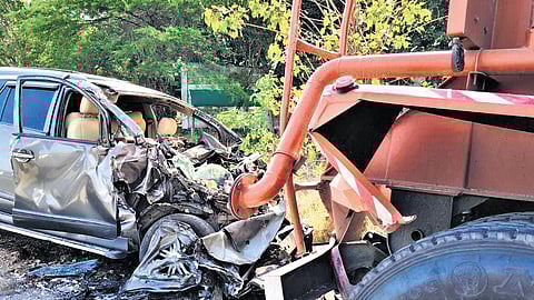 The mangled remains of the car that met with an accident at M Kottur junction on Thoothukudi-Madurai National Highway on Monday