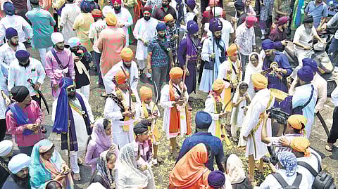 On the occasion of Vaisakhi, Sikhs take part in the Nagar Keertan (holy procession) in Hyderabad on Tuesday.