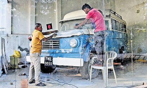 The vintage Fargo van of Dravidar Kazhagam founder ‘Periyar’ E V Ramasamy is being refurbished at the Periyar Maaligai in Tiruchy on Wednesday