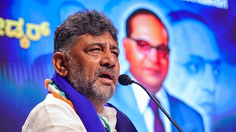 Deputy CM DK Shivakumar addresses party workers at KPCC office in Bengaluru on Tuesday.