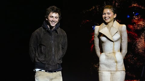 Cast members Timothee Chalamet, left, and Zendaya of the upcoming film "Dune: Part Three" speak during the Warner Bros. presentation at CinemaCon on Tuesday, April 14, 2026, at Caesars Palace in Las Vegas.