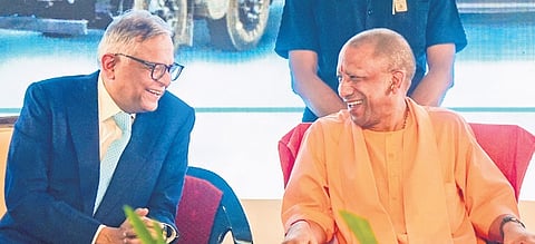 Uttar Pradesh Chief Minister CM Yogi Adityanath (R) and Tata Sons Chairman Natarajan Chandrasekaran during an event in Lucknow on Wednesday