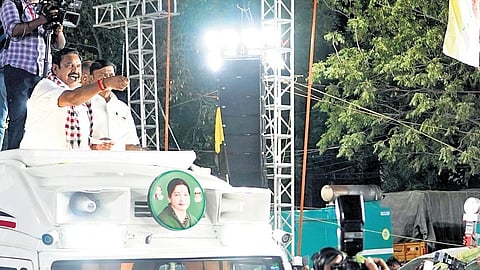 AIADMK general secretary Edappadi K Palaniswami addressing party cadre and people at Madurai on Tuesday during an event to introduce the NDA candidates.